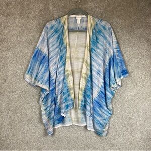 Chico’s Cardigan Womens 2 Blue Yellow Lightweight Open Front Ramie Rayon- 2795*